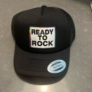 Black ready to rock logo hat with colorful trim